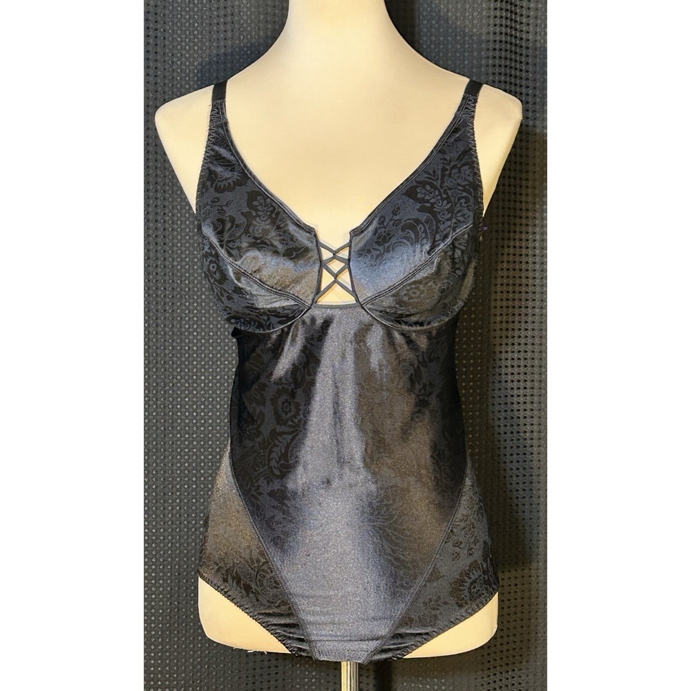 Vtg VANITY FAIR 57-005 Black Satin Floral Jacquard Bodysuit Body Shaper 36 D